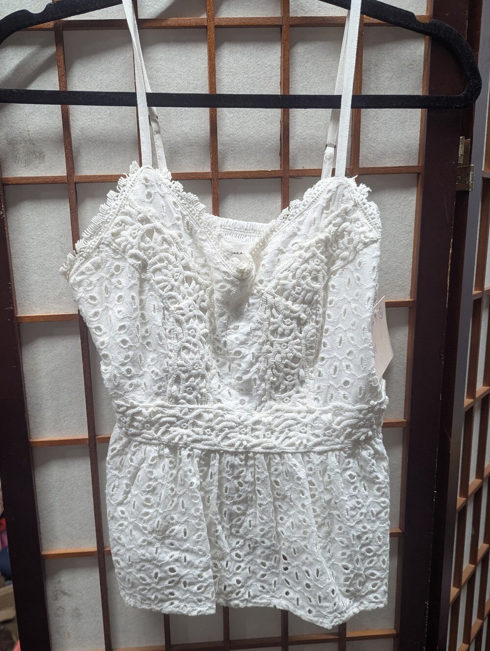 Jopna White Eyelet Embroidered Peplum Tank Top Size S Boho Lace Cami Cotton